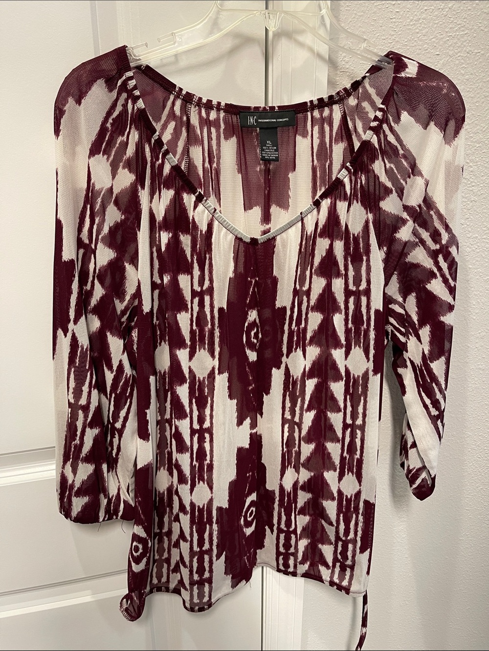 INC International Concepts Burgundy and White Geometric Sheer V-Neck Tunic